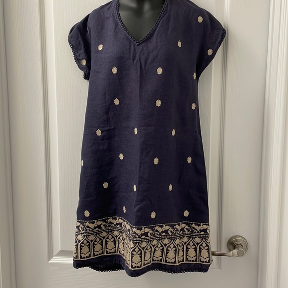 Zara linen shift dress with embroidered design V neck and cap sleeve Sz S - Picture 1 of 10
